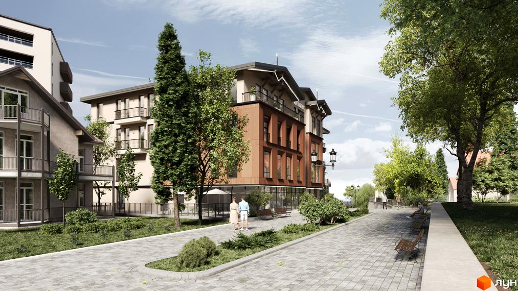 Апарт-готель Apex з цегляним фасадом та балконами, оточений деревами та вимощеною алеєю з лавками.