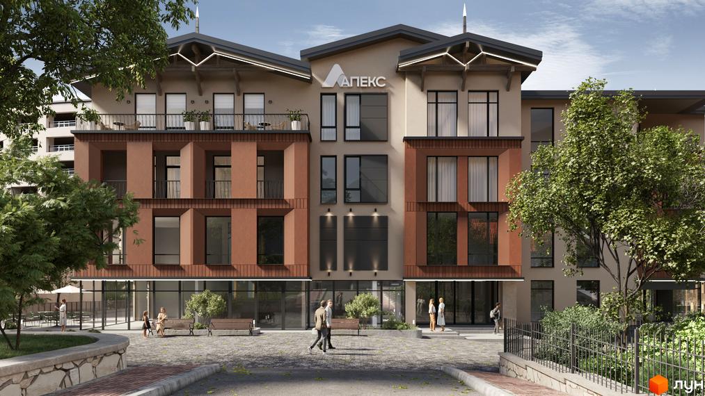 Апарт-готель Apex: фасади будівлі з цегляними та світлими елементами, балконами та великими вікнами. Прибудинкова територія з лавками, деревами та бруківкою.