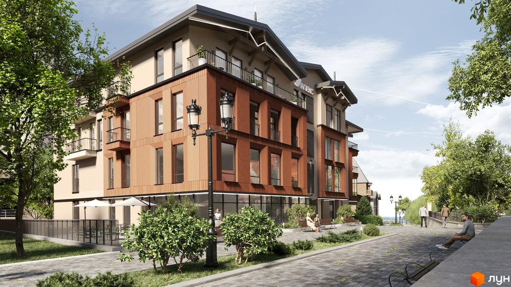 Апарт-готель Apex з цегляним фасадом та балконами, зелена прибудинкова територія з лавками та деревами.