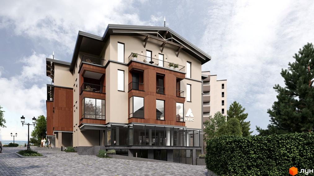 Апарт-готель Apex - це багатоповерхова будівля з балконами та великими вікнами, розташована біля доглянутої прибудинкової території з бруківкою та зеленими насадженнями.