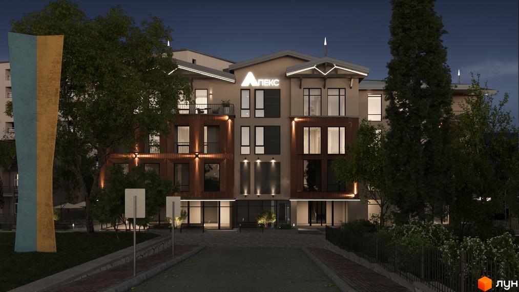 Апарт-готель Apex: фасади будівлі з вікнами та балконами, підсвічені ввечері. Навколо будівлі дерева та зелена зона.