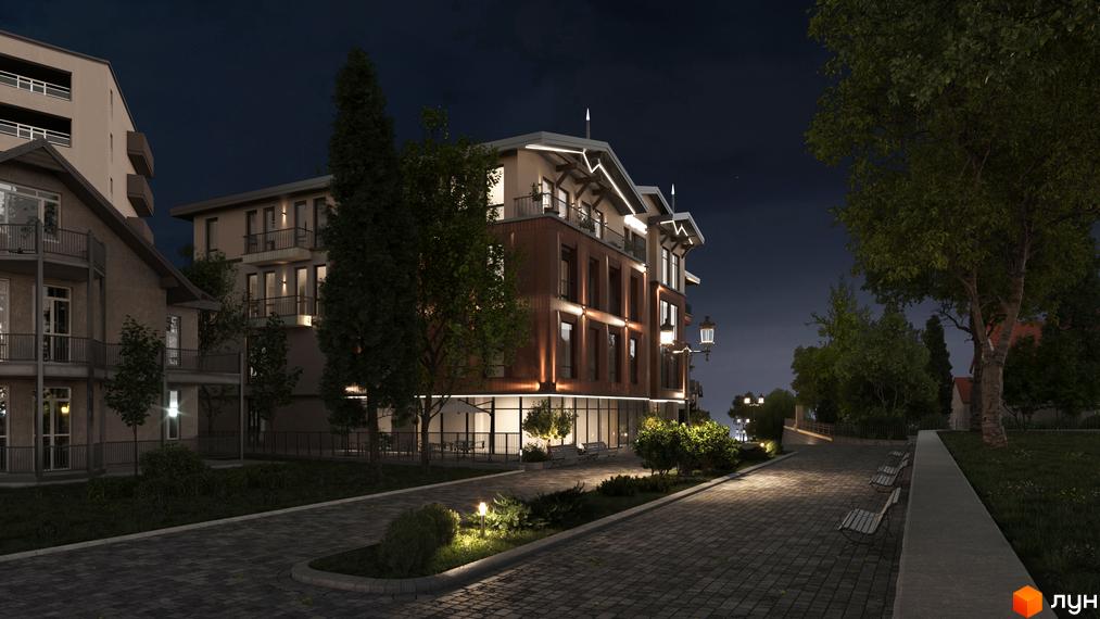 Апарт-готель Apex у вечірньому освітленні з бруківкою та лавками. Зовнішній вигляд будівлі з цегляним фасадом та балконами.