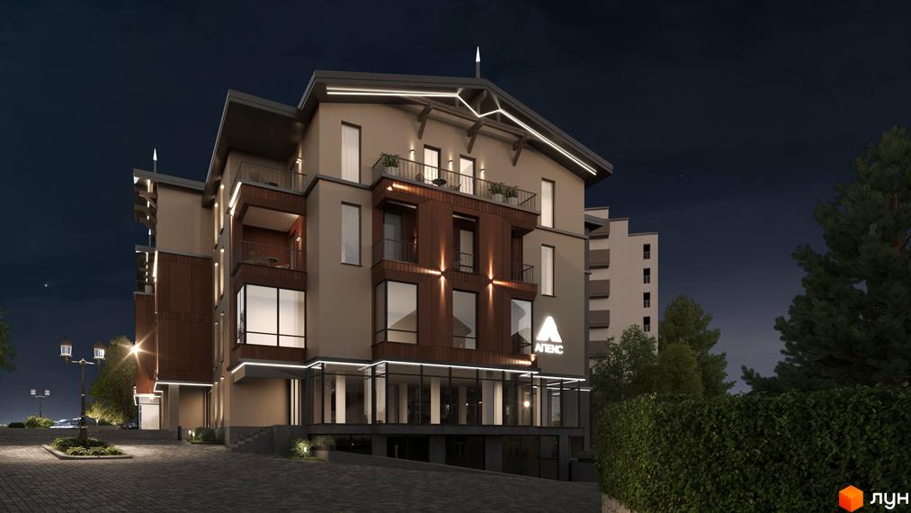 Апарт-готель Apex вночі з підсвіченим фасадом та балконами. Навколо будинку облаштована прибудинкова територія з ліхтарями та деревами.