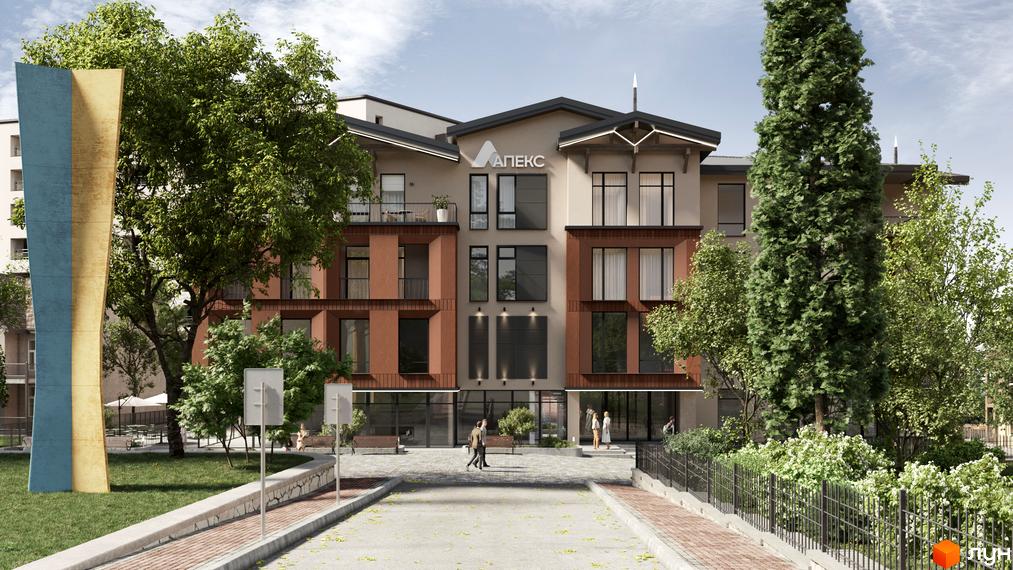 Апарт-готель Apex з червоно-бежевим фасадом та великими вікнами, оточений деревами та зеленою зоною. Перед будинком розташована доглянута прибудинкова територія з доріжками та лавками.