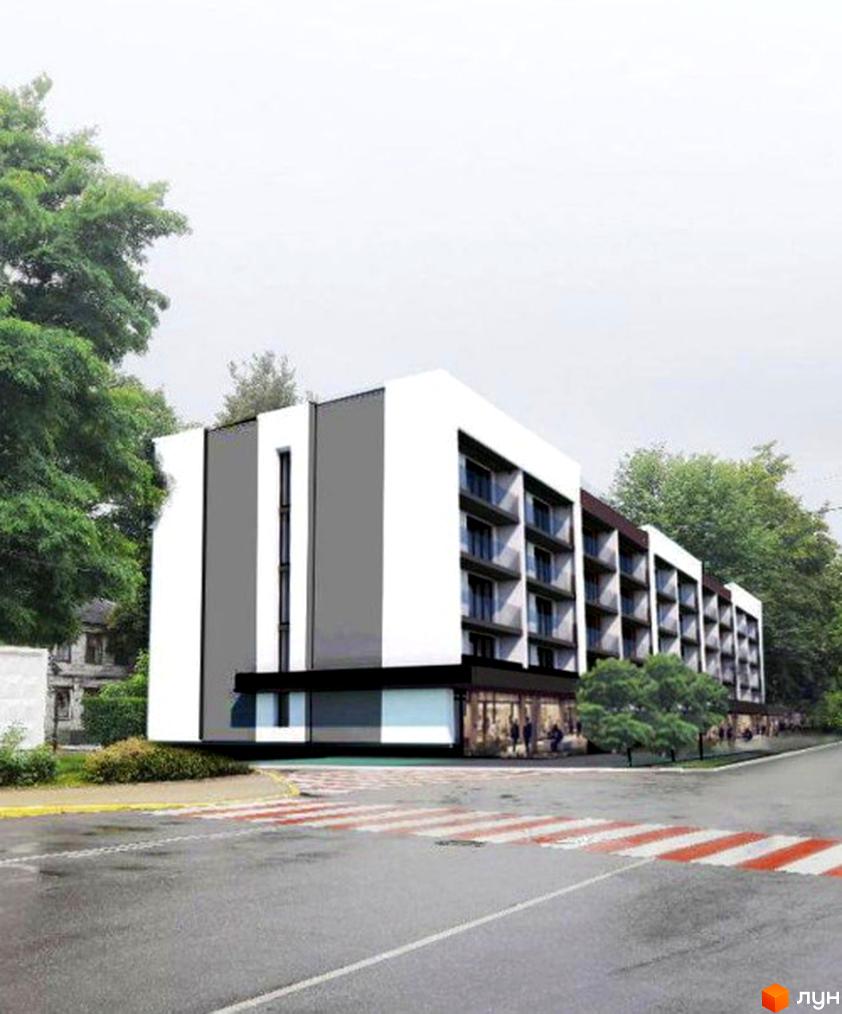 Зовнішній вигляд новобудови Nord Wood з балконами та вікнами, що виходять на дорогу з пішохідним переходом. Навколо будівлі зелені дерева та кущі.