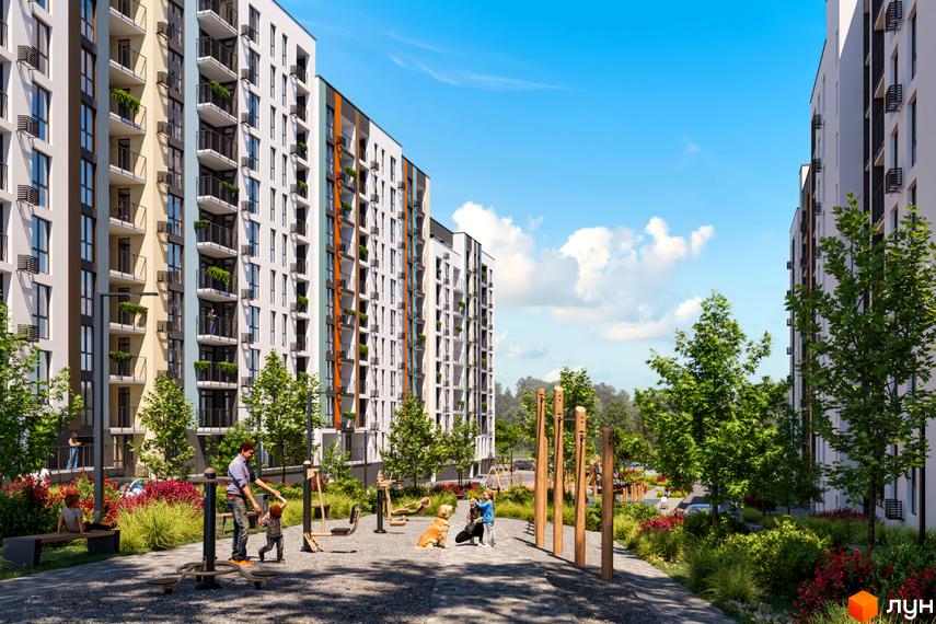 Житловий комплекс Рівер Сіті з сучасними фасадами та упорядкованою прибудинковою територією з дитячим майданчиком та зонами для відпочинку.
