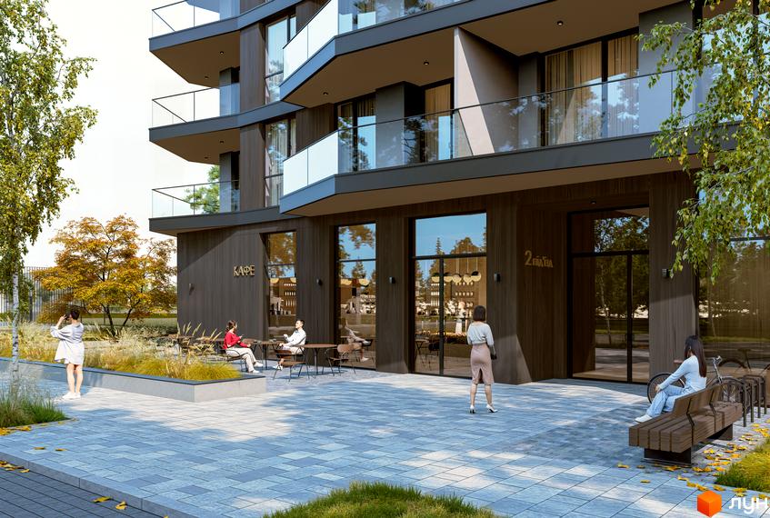 Житловий комплекс Stone Space з темним фасадом та скляними балконами, облаштована прибудинкова територія з місцями для відпочинку та деревами.