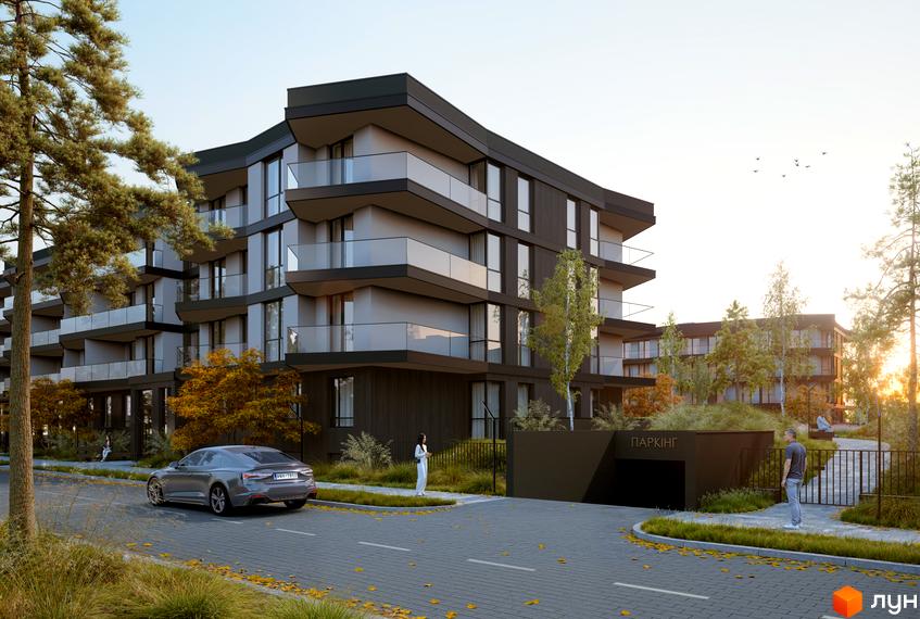 Житловий комплекс Stone Space з темними фасадами, скляними балконами та прибудинковою територією з деревами та дорогою. Зовнішній вигляд новобудови.