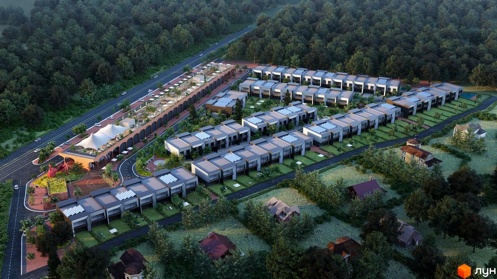 Котеджне містечко КМ Promin: ряди сучасних будинків з сонячними панелями та доглянутою прибудинковою територією, оточені лісом.