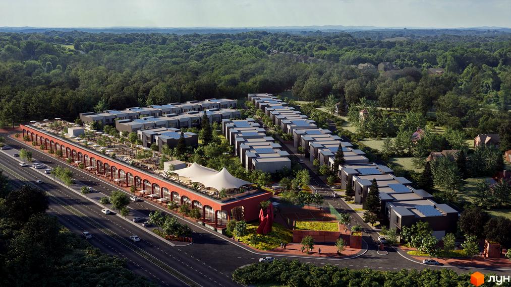 Котеджне містечко КМ Promin - це низка двоповерхових будинків з пласкими дахами, вкритими сонячними панелями, розташованих поруч із зеленою зоною та дорогою. Територія комплексу прикрашена деревами, зонами відпочинку та спортивними майданчиками.