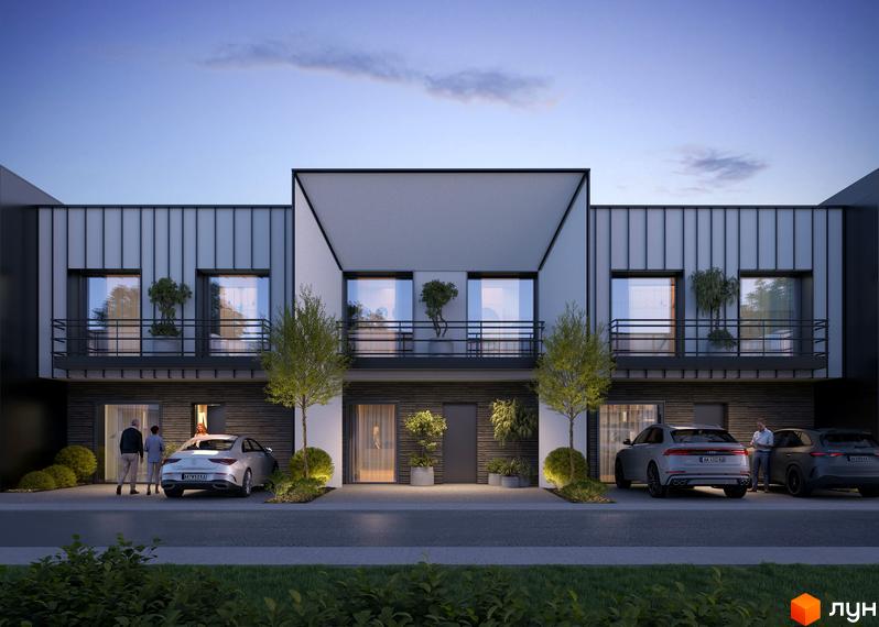 Сучасний котеджний комплекс КМ Promin з балконами та підсвіченими деревами. Автомобілі припарковані біля входу в будинок.