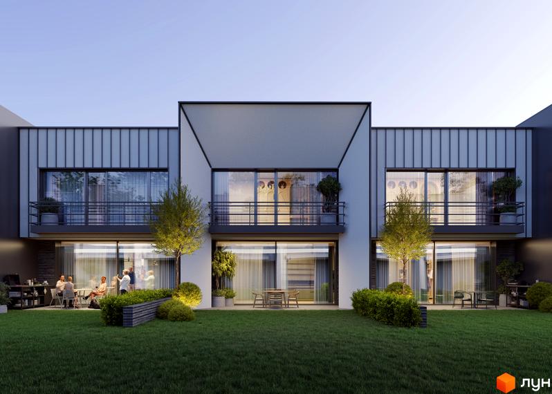 Котеджне містечко КМ Promin: двоповерхові будинки з балконами та великими вікнами, зелена галявина та зона відпочинку з людьми.