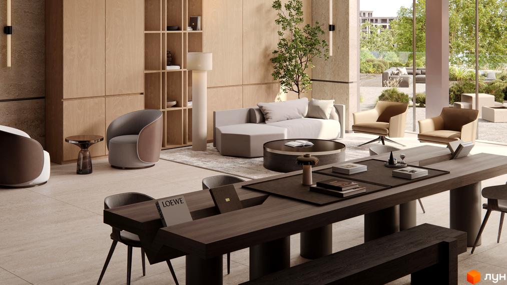 Інтер'єр квартири в житловому комплексі THE ONE з великими вікнами та видом на зелену терасу. Сучасні меблі та оздоблення створюють затишну атмосферу.