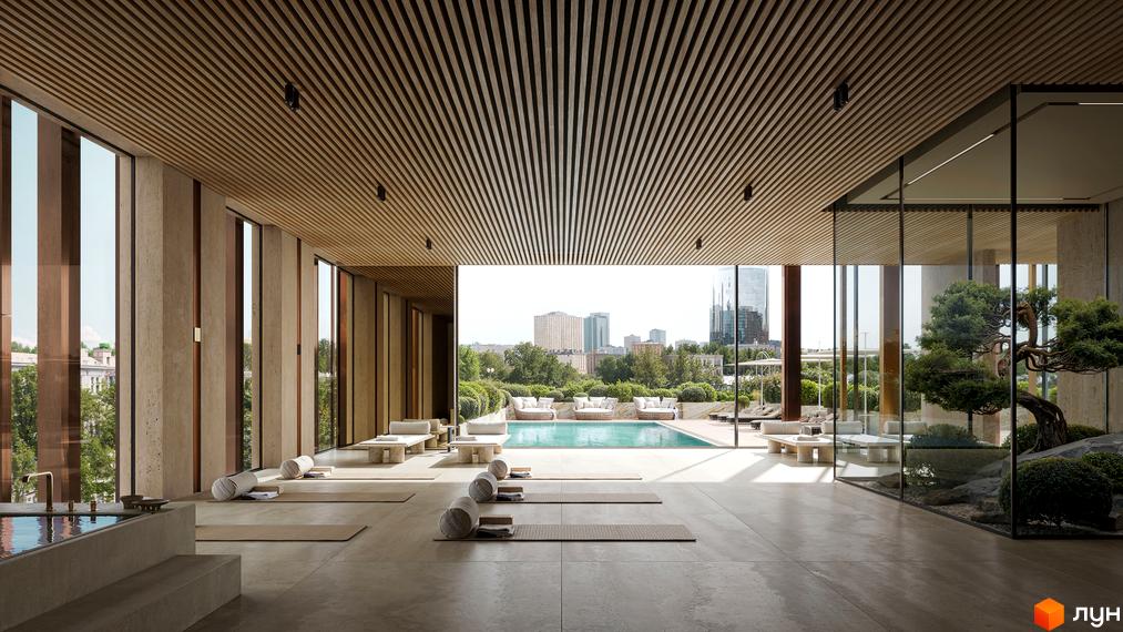 Інтер'єр зони відпочинку з басейном та міським пейзажем за вікном у житловому комплексі THE ONE. Тераса з шезлонгами та зеленню.