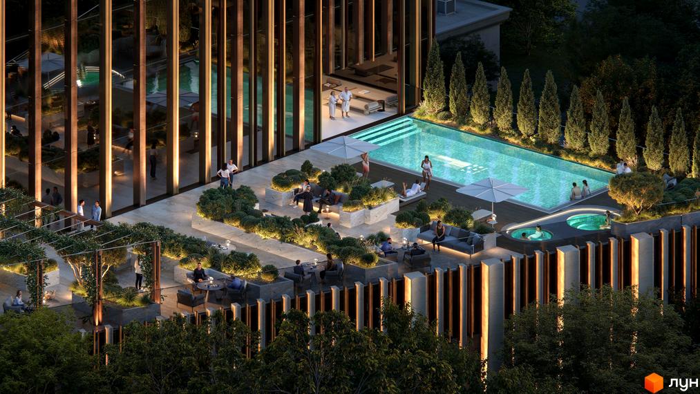 Зовнішній вигляд житлового комплексу THE ONE з басейном та зонами відпочинку на даху. Територія комплексу з ландшафтним дизайном та місцями для релаксації.