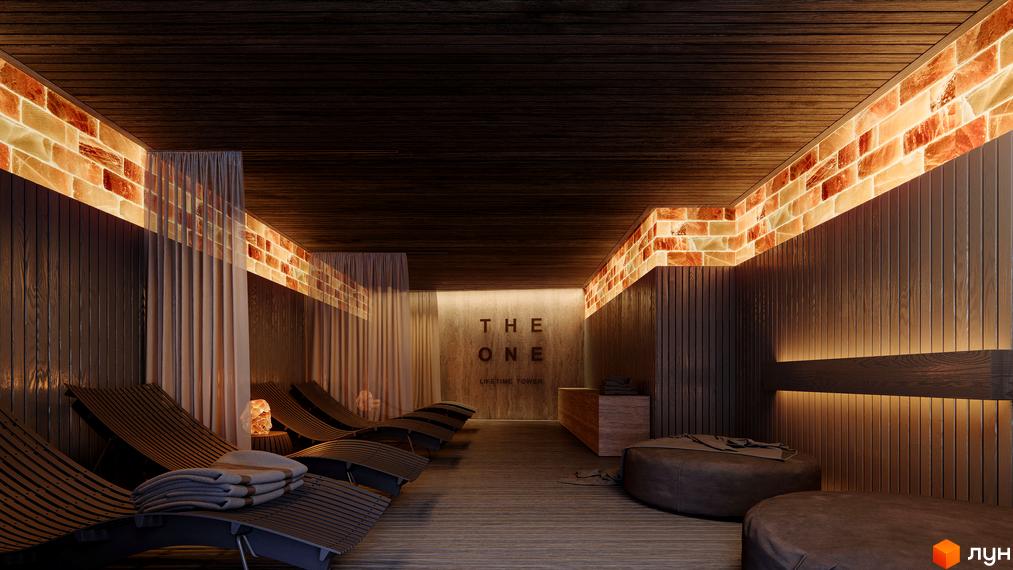 Інтер'єр зони відпочинку в житловому комплексі THE ONE з дерев'яними лежаками та підсвічуванням. Сучасна новобудова THE ONE з унікальним дизайном.
