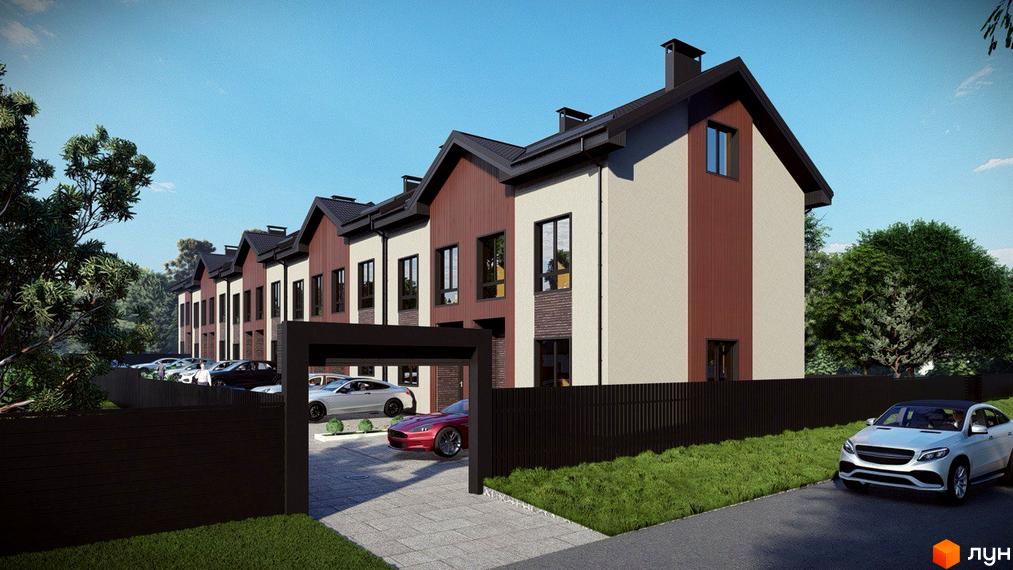 Таунхауси Н 16: двоповерхові будинки з коричневими та бежевими фасадами, парковка з автомобілями та зелені насадження.