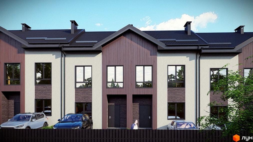 Фасад таунхаусів Н 16 з вікнами та дверима, прибудинкова територія з автомобілями та парканом.