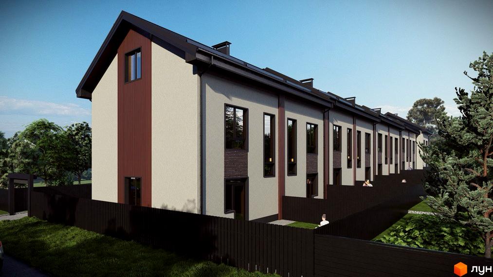 Таунхауси Н 16 - ряд сучасних таунхаусів з коричневими та бежевими фасадами, вікнами та парканом на фоні зелених дерев та блакитного неба.