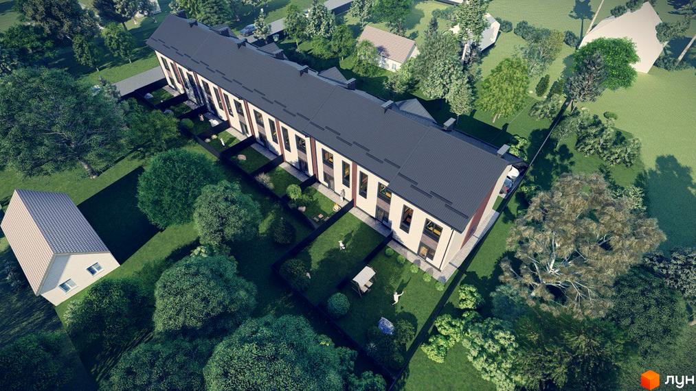 Таунхауси Н 16 - це двоповерхові будинки з сірими дахами та світлими фасадами, розташовані серед зеленої прибудинкової території з деревами та газонами.