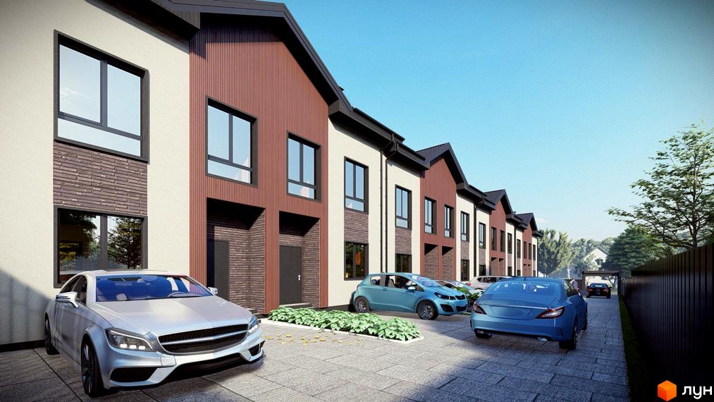 Таунхауси Н 16: фасади будинків з коричневими та білими елементами, великі вікна, паркування з автомобілями. Територія комплексу з деревами та парканом.