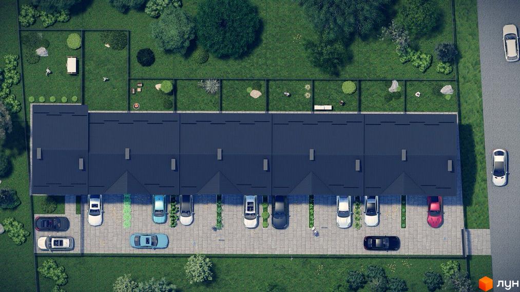 Таунхауси Н 16: вид зверху на ряди двоповерхових будинків з темними дахами та прибудинковою територією з зеленими насадженнями та парковками.