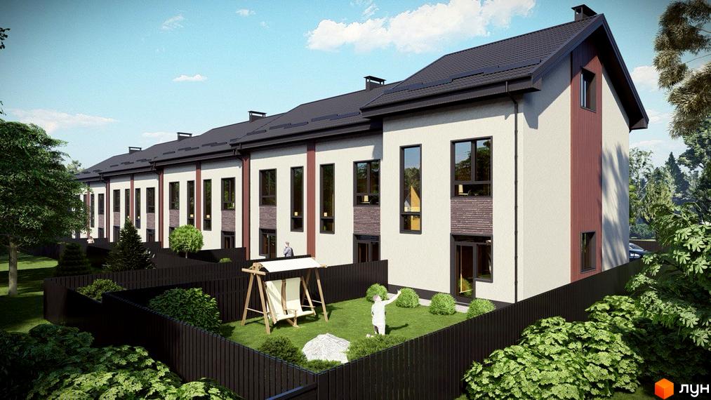 Зовнішній вигляд таунхаусів Н 16 з цегляним оздобленням та великими вікнами, на прибудинковій території дитячі гойдалки та зелені насадження.