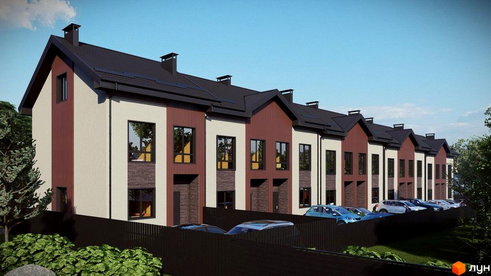 Зовнішній вигляд таунхаусів Н 16 з паркуванням та зеленою зоною. Фасад будівельного проєкту оздоблений світлими та коричневими панелями.