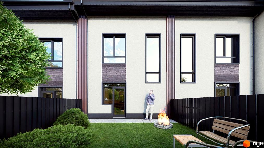 Таунхауси Н 16: фасади будинків з великими вікнами та цегляним декором, зелений двір з лавкою та місцем для вогнища.