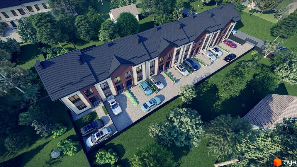 Таунхауси Н 16 - зовнішній вигляд будинку з цегляними та білими фасадами, темним дахом та прибудинковою територією з парковкою та зеленими насадженнями.