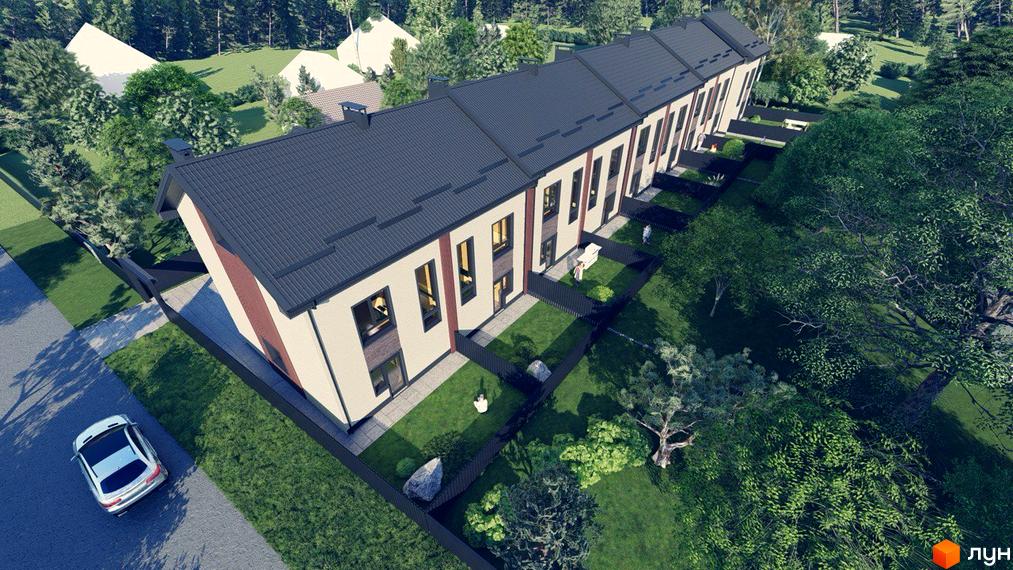 Таунхауси Н 16 - ряд двоповерхових будинків з темним дахом та світлим фасадом, огороджена прибудинкова територія з газоном та деревами.