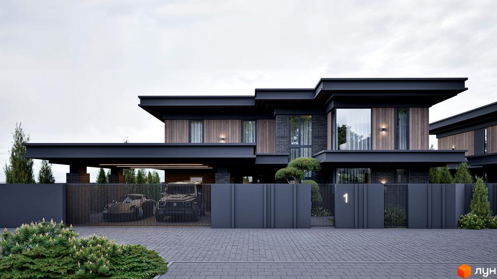 Котеджне містечко КМ Concept Villas. Фасад будинку з темної цегли та дерев'яними елементами, прибудинкова територія з парканом та автомобілями.