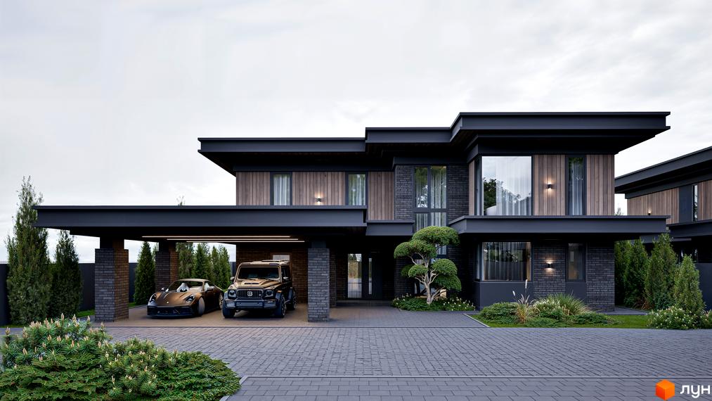 Котеджне містечко КМ Concept Villas: сучасний двоповерховий будинок з дерев'яними та цегляними елементами, навісом для двох автомобілів та доглянутою прибудинковою територією.