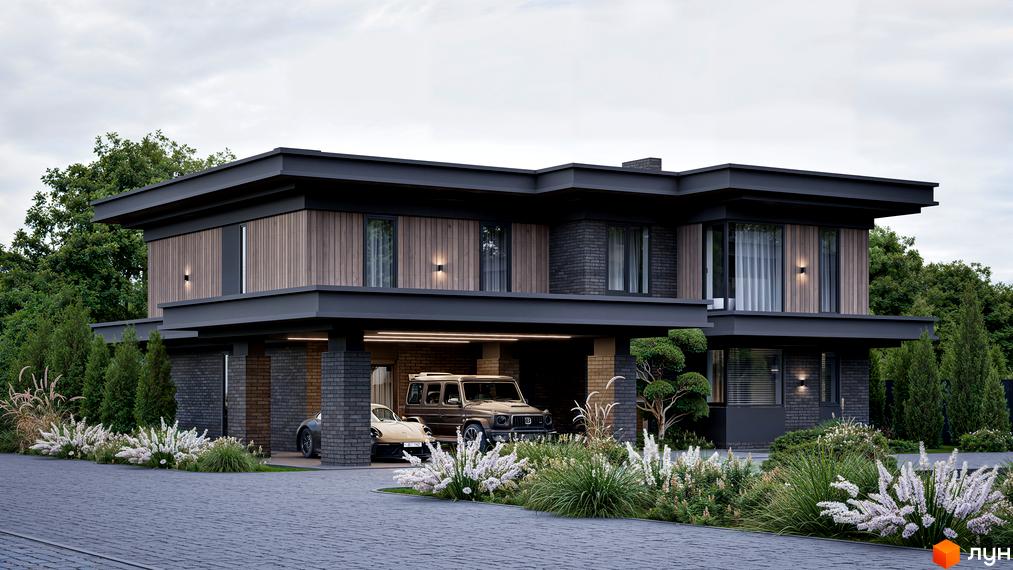 Котеджне містечко КМ Concept Villas: двоповерховий будинок з темної цегли та дерева, з навісом для автомобілів та доглянутою прибудинковою територією з рослинністю.