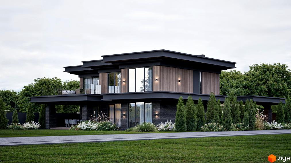 Котеджне містечко КМ Concept Villas: двоповерховий будинок з дерев'яними та цегляними елементами фасаду, терасою та охайним ландшафтом. Навколо будинку зелені насадження та доглянута галявина.