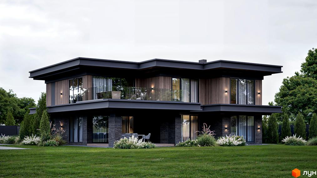 Котеджне містечко КМ Concept Villas: двоповерховий будинок з дерев'яним фасадом, цегляною основою та балконами, оточений зеленою галявиною та деревами.