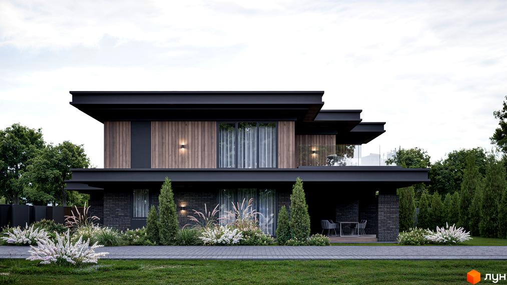 Котеджне містечко КМ Concept Villas. Зовнішній вигляд двоповерхового будинку з дерев'яними та цегляними елементами, скляним балконом та прибудинковою територією з газоном та рослинами.