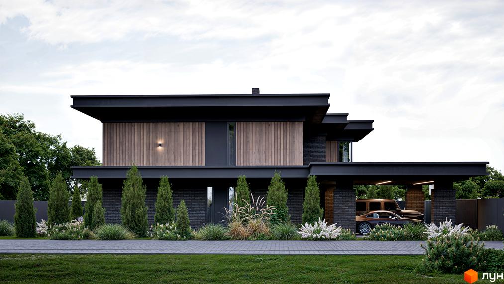 Котеджне містечко КМ Concept Villas. Зовнішній вигляд будинку з дерев'яними вставками та цегляною основою, прибудинкова територія з газоном, деревами та квітами.