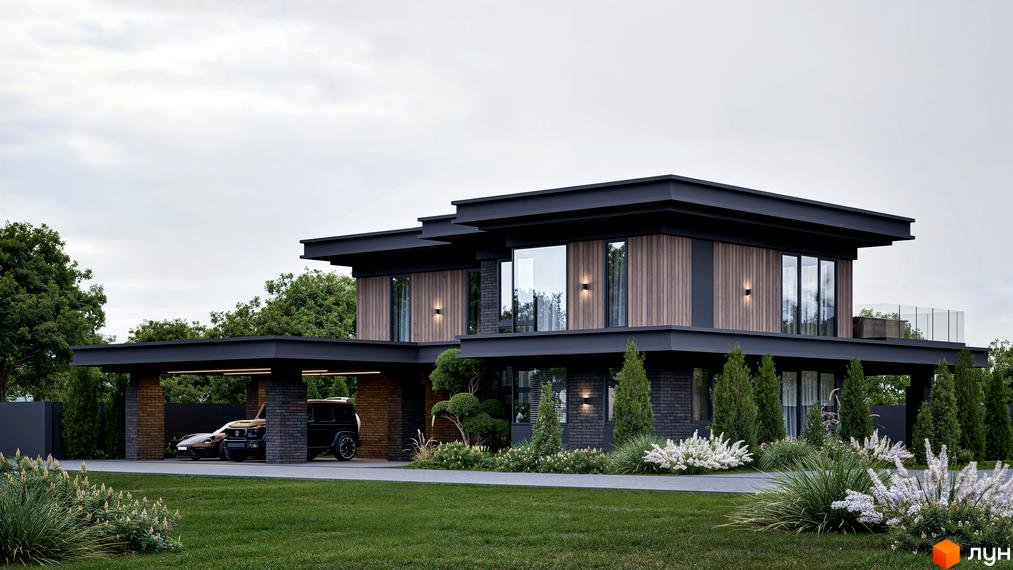 Котеджне містечко КМ Concept Villas: двоповерховий будинок з темною цегляною кладкою, дерев'яними панелями та навісом для двох автомобілів. Навколо будинку зелений газон та декоративні рослини.