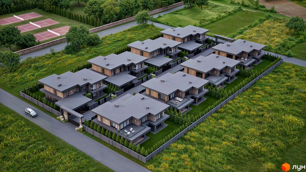 Котеджне містечко КМ Concept Villas: сучасні будинки з пласкими дахами та дерев'яними елементами, огороджена територія з доглянутими газонами та туями, поруч тенісні корти.