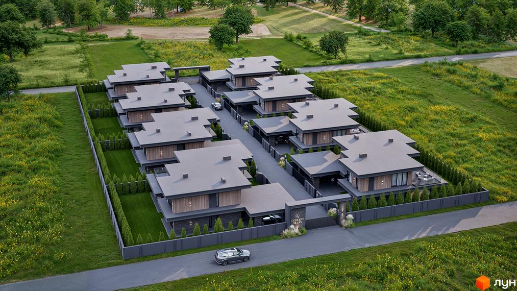Котеджне містечко Concept Villas з сучасними будинками та доглянутою прибудинковою територією. Аерофотозйомка новобудови.