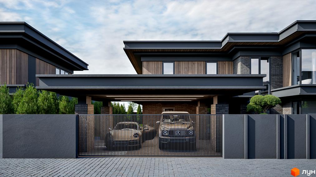 Котеджне містечко КМ Concept Villas. Зовнішній вигляд будинку з дерев'яними та цегляними елементами, навісом для автомобілів та парканом.