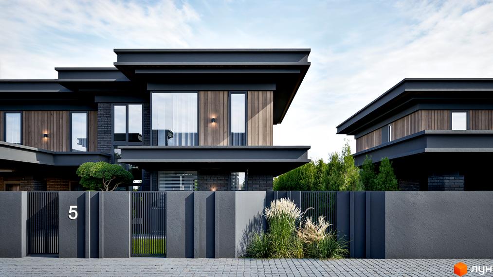 Зовнішній вигляд котеджного комплексу КМ Concept Villas з темним фасадом, дерев'яними вставками та огородженою територією. Навколо будівель зелені насадження та сучасний паркан.