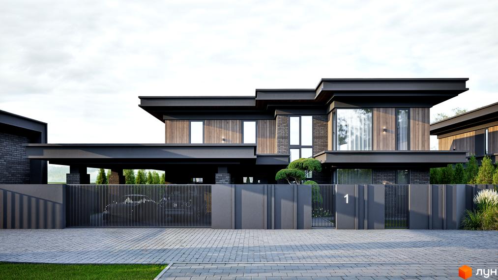 Котеджне містечко КМ Concept Villas: двоповерховий будинок з дерев'яним та цегляним оздобленням, великими вікнами та огорожею. Прибудинкова територія з бруківкою та зеленими насадженнями.