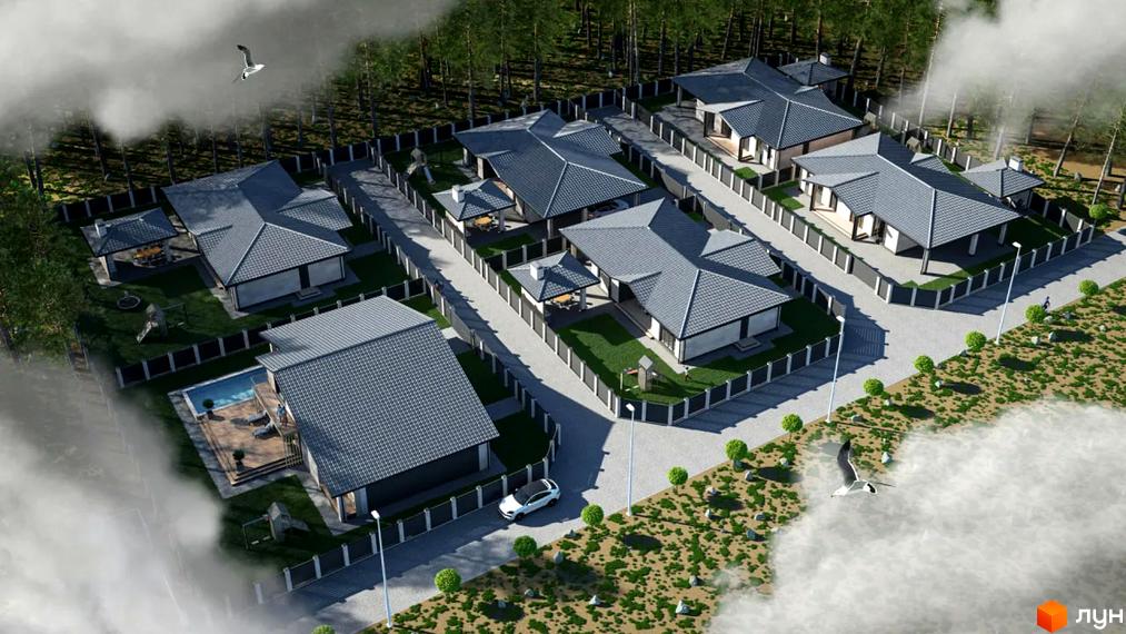 Котеджне містечко КМ Lubo Village: сучасні будинки з сірими дахами та доглянутою прибудинковою територією з басейном та зеленими насадженнями.