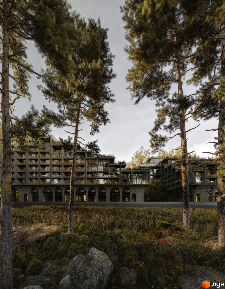 Житловий комплекс Son Daven з кам'яним цоколем та балконами, оточений деревами та зеленню. Зовнішній вигляд будівлі з багатоповерховими секціями.