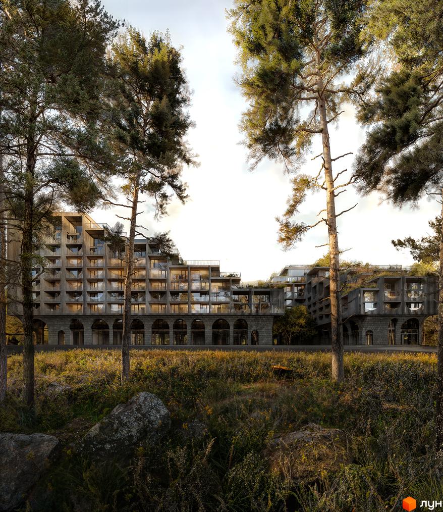 Житловий комплекс Son Daven з кам'яною аркадою та терасами, оточений деревами та зеленню. Новобудова гармонійно вписується в природний ландшафт.