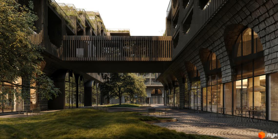 Зовнішній вигляд житлового комплексу Son Daven з арковими вікнами та дерев'яними елементами, що виходить на зелену прибудинкову територію з ландшафтним дизайном.