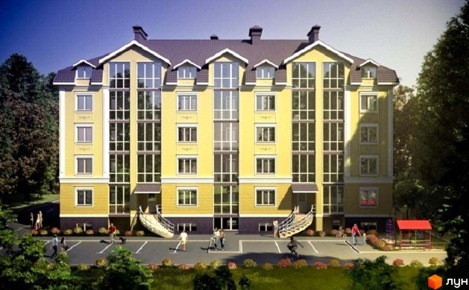 Житловий комплекс Садовий. Багатоповерховий будинок з великими вікнами та світлим фасадом. На прибудинковій території є парковка, зелені насадження та дитячий майданчик.