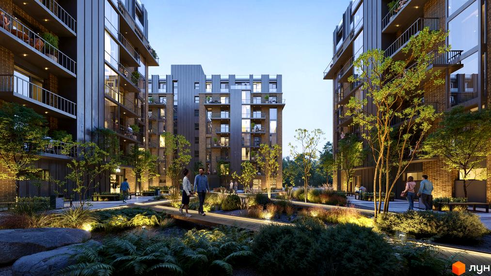 Житловий комплекс Центр: фасади будівель з цегляним оздобленням та балконами, зелена прибудинкова територія з підсвіткою та пішохідними доріжками.